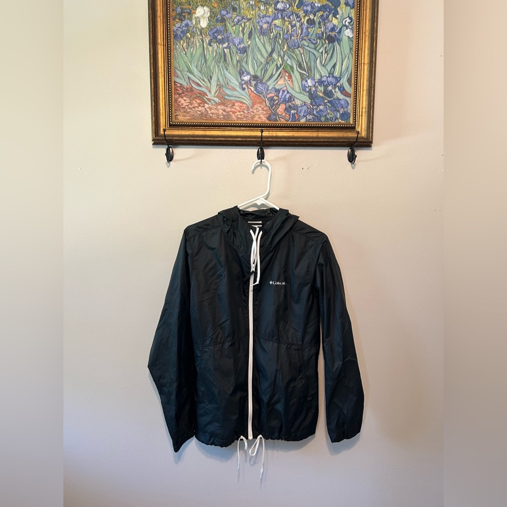 Columbia Black Hooded Jacket with White Accents- Women’s size Medium